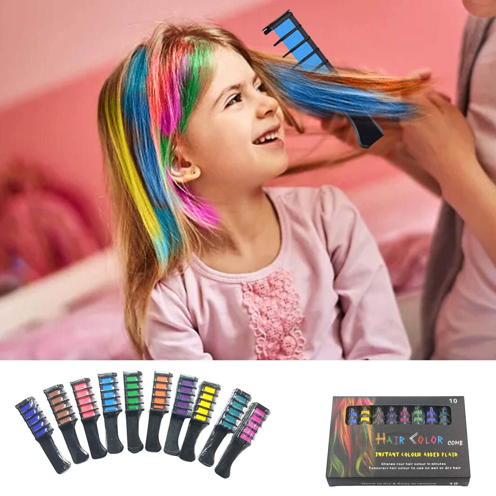 Child's hands applying temporary Hair Chalk for colorful hair.
