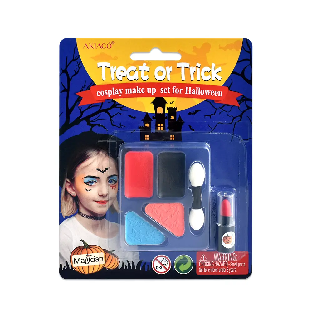A spooky kids makeup design featuring a ghostly white face with dark, hollowed eyes and eerie smile.