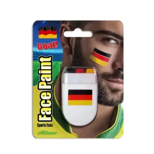 A group of fans wearing sport face paint in team colors at a stadium.