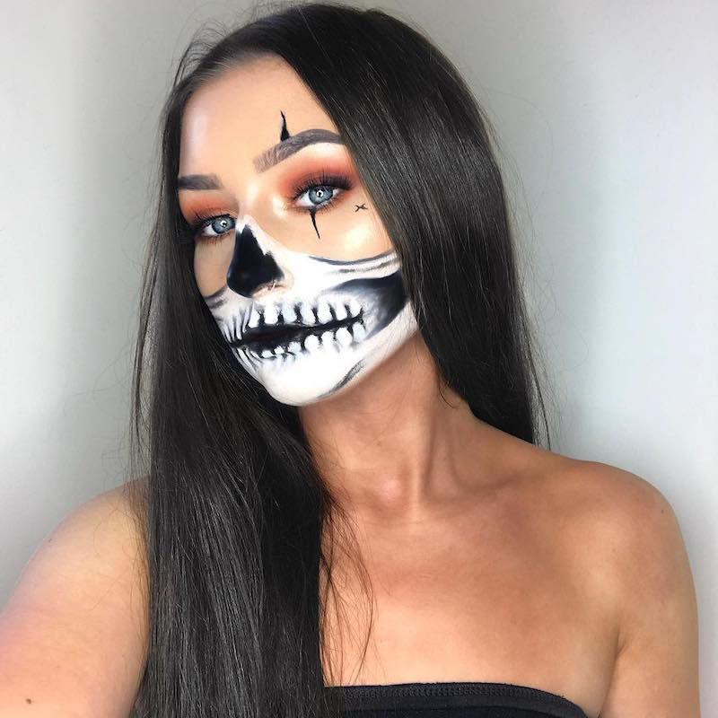 Before-and-after images capturing the transformative power of face paint chalk in turning a regular face into a Halloween masterpiece.