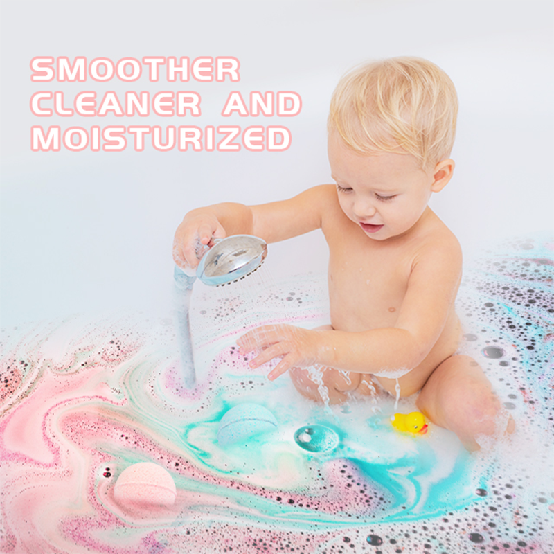 Children playing with colorful bath bombs for kids in a bathtub.