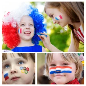 Close-up of face paint sports fans with vibrant designs.