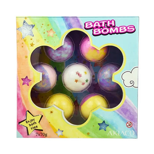 A bath filled with swirling colors as kids bath bombs fizz and dissolve, creating a magical experience.