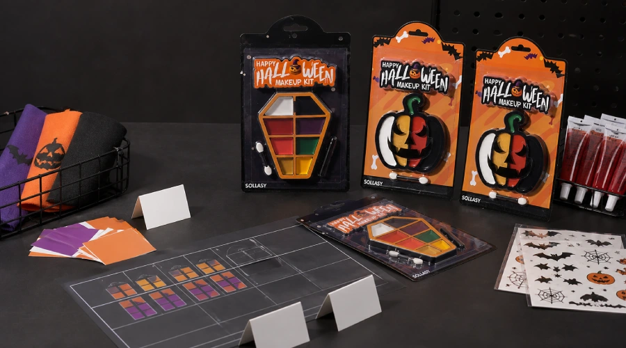 SOLLASY Halloween face-paint kits, fake-blood tubes, tattoo sheets, and assortment cards arranged for a seasonal retail review.