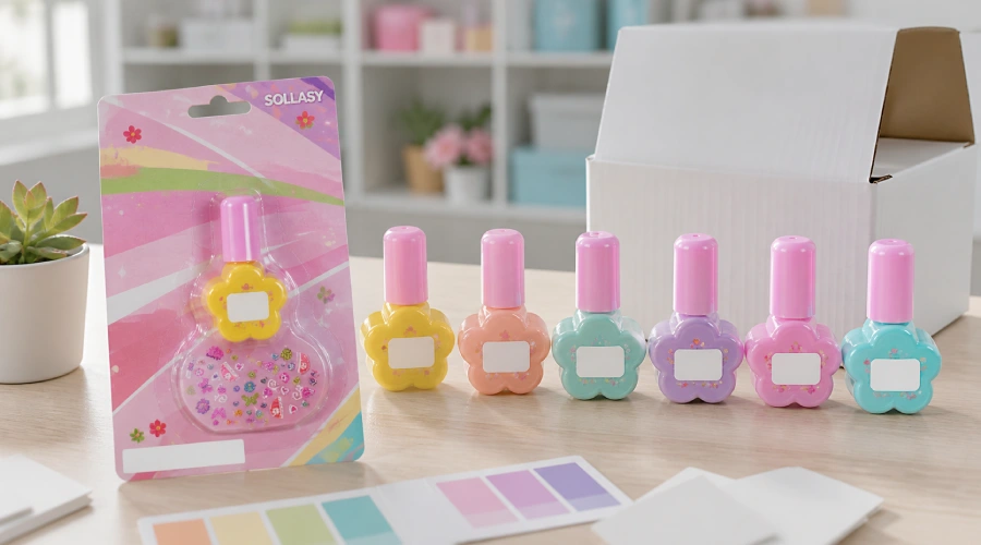 SOLLASY flower-shaped children's nail polish bottles in pastel colors displayed with a white-label blister pack and shade cards.