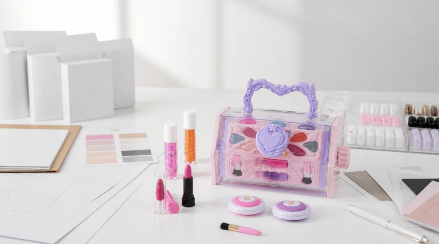 White-label kids makeup case and cosmetic components arranged on a product development table with packaging mockups.