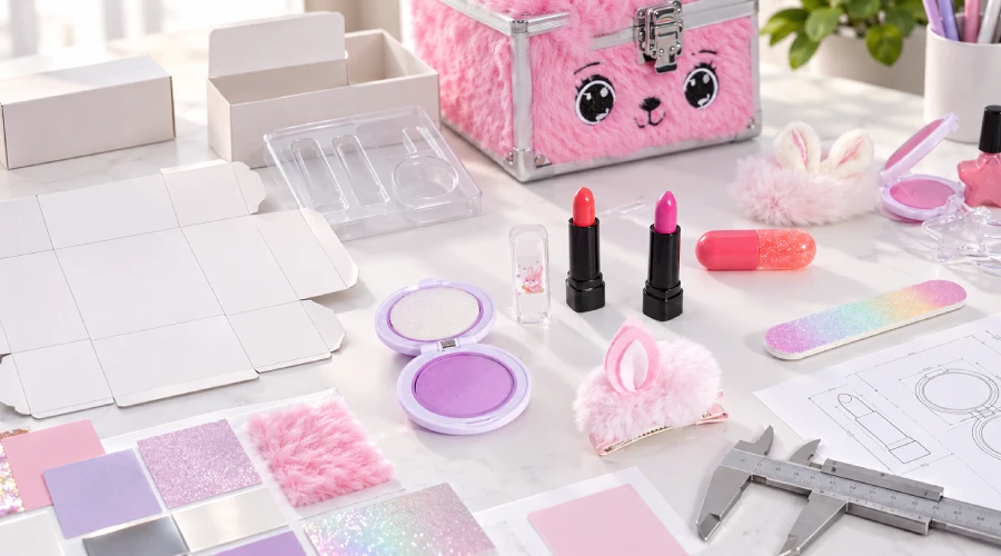 Kids makeup products, packaging dielines, insert sample, material swatches, and caliper on a product-development desk