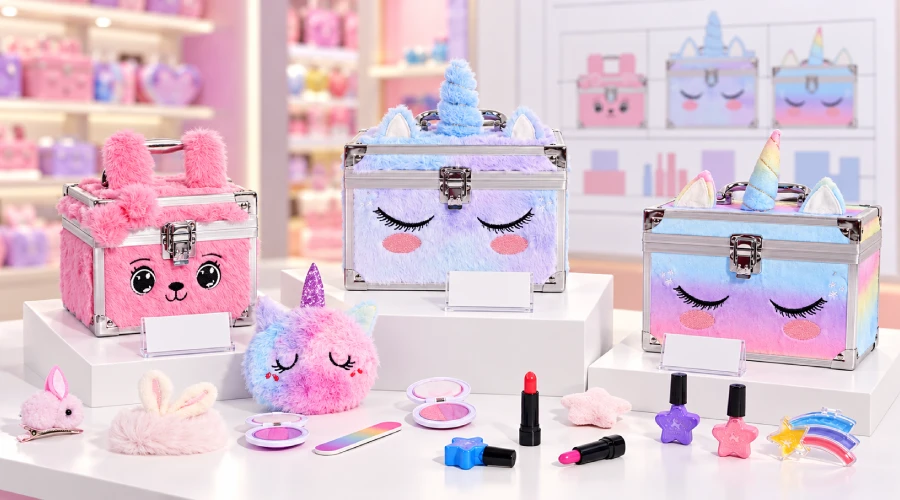 Kids makeup cases and products arranged on retail display tiers with blank shelf cards