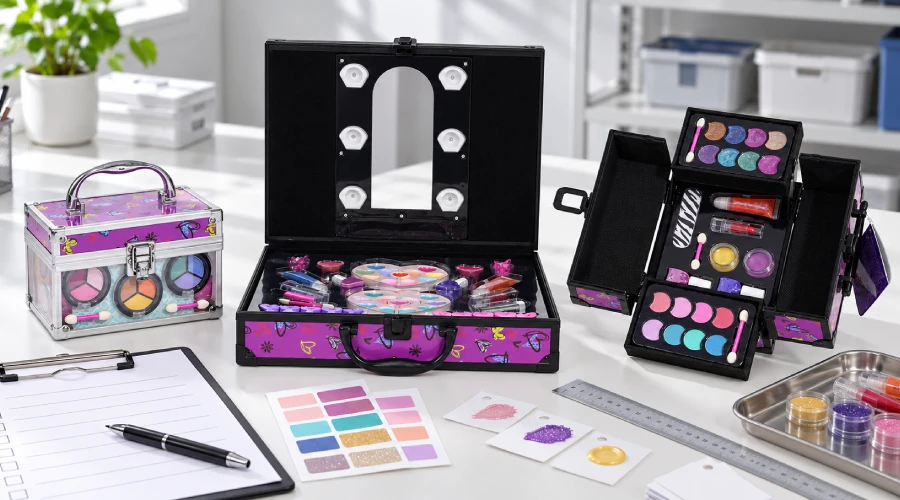 Kids makeup cases reviewed with a blank checklist, shade samples, ruler, and inspection tools