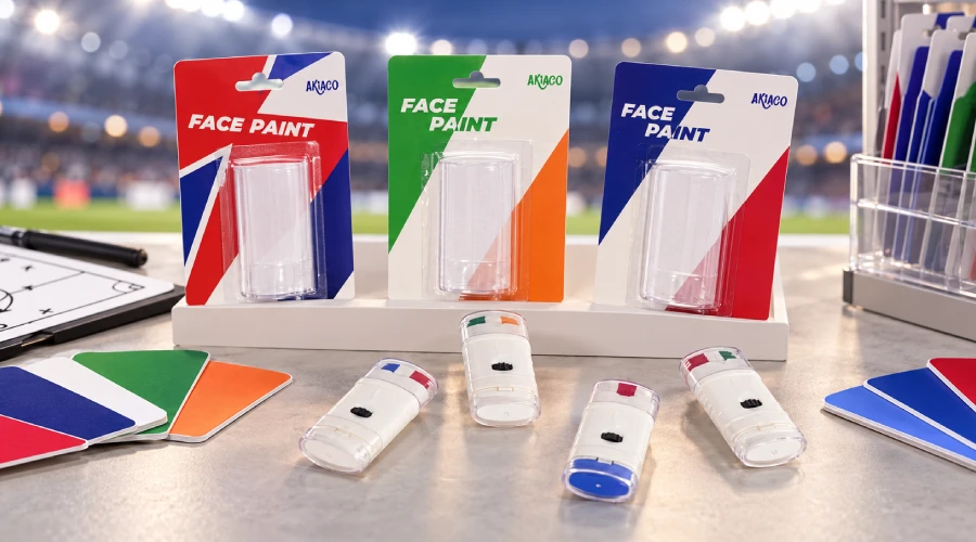 AKIACO sports face paint sticks and packages with color swatches and a stadium planning backdrop