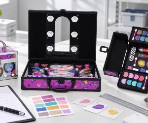 Kids makeup cases reviewed with a blank checklist, shade samples, ruler, and inspection tools