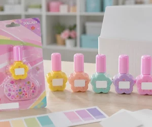SOLLASY flower-shaped children's nail polish bottles in pastel colors displayed with a white-label blister pack and shade cards.