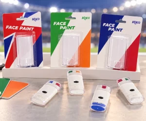 AKIACO sports face paint sticks and packages with color swatches and a stadium planning backdrop